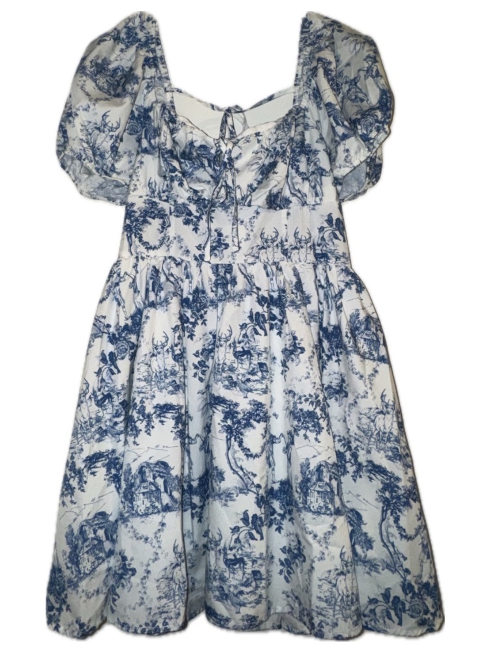 SHEIN Blue and White Toile Puff-Sleeve Dress